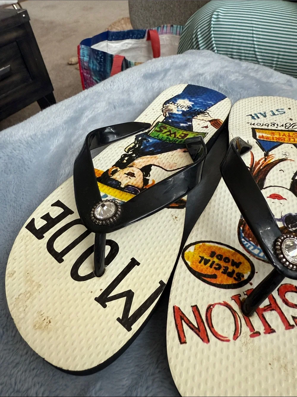 Bella Vita Black Strap Flip-Flops with Colorful Graphic Footbed
